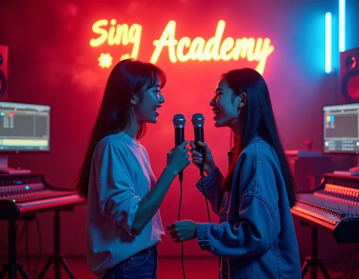  images of young Chinese man and woman singing in a music studio with microphones in neon lights, they are very happy and in background there is a signboard of that singing institute which name is sing academy