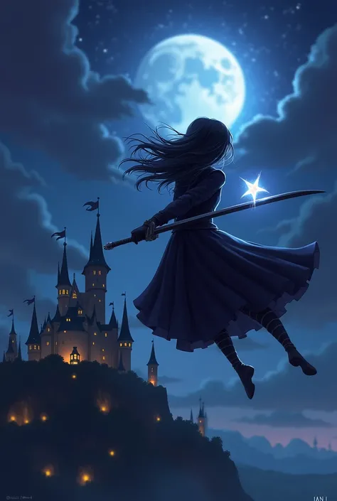 Anime girl with a sword flying over a castle at night,  concept art ：Jan J,  pixiv contest winner with a star on his head,  fantasy art,  The Witch of Castlevania , Black-haired wizard,  grim reaper in the night !!!!, anime  fantasy artwork, 2. 5 d cgi ani...