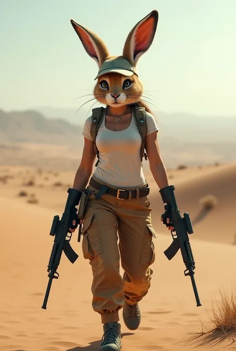 Fusion of Rabbit face and form of a human women body with guns , cargo pant , T shirt with cap walking at desert