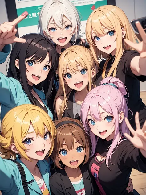 Group of￼ anime happy, open mouth ￼ smile, selfie ￼
