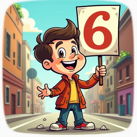 Man holding a sign with number 6, cartoon style 
