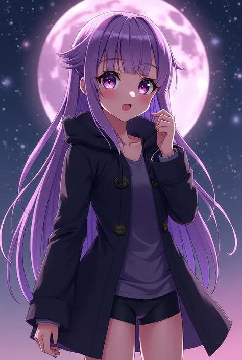 A loli with purple hair, eyebrows and eyes, beautiful and shiny as the moon, dressed in a black coat and black panties, human.