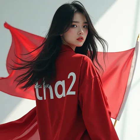 Sexy Korean girl with a flag on the back with the word Tha2 written on it