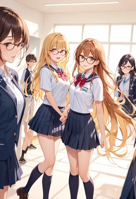  blonde long hair　Glasses　High school girl　cute　Science　( High School Girls 、 school uniform)