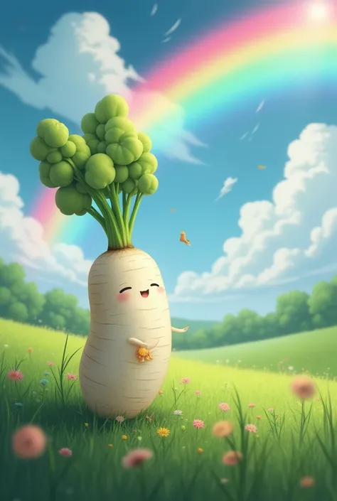 ( best quality, very detailed depiction, incredible high resolution ,Photographic images),Beautiful rainbow over the sky , Countryside,Scenery after the rain , white radish is looking up at the rainbow , daikon is wearing sexy clothes,
