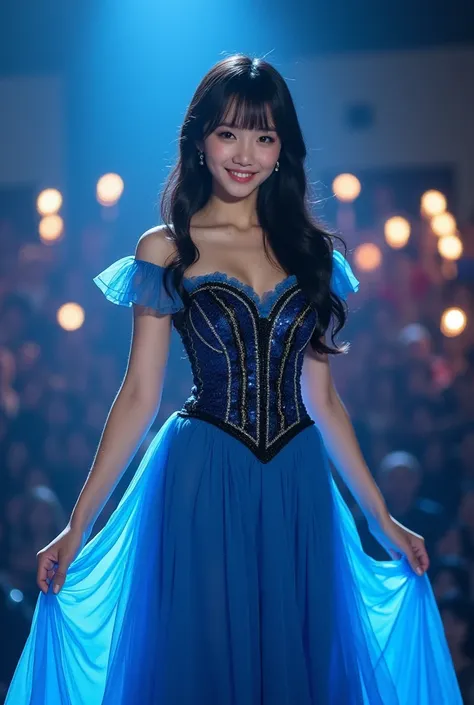 She stands in the center of the stage in this gorgeous sequined blue dress、A beautiful Japanese girl is photographed in the spotlight。She has long wavy black hair、The light from the stage highlights her beautiful luster。Bangs flow naturally、makes her eyes ...