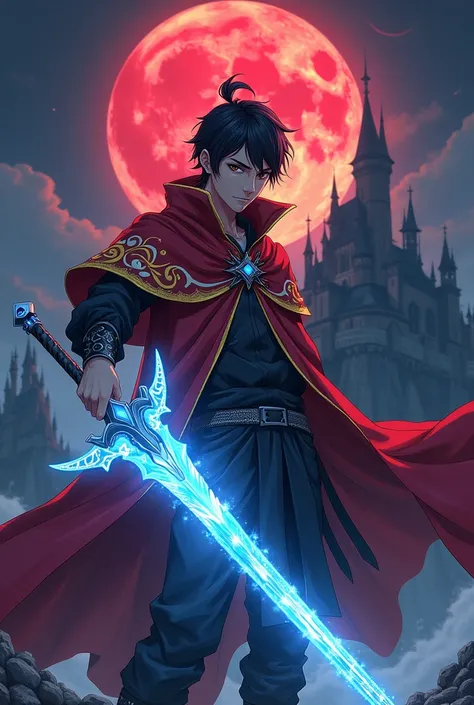 I want an anime character (manhwa), He has black hair,  have black eyes ,  he wears a red cloak with yellow and white and black details , Hes holding a sword 100 %  made of magic shes all blue and shines shes beautiful ,  hes in a castle and its nighttime ...