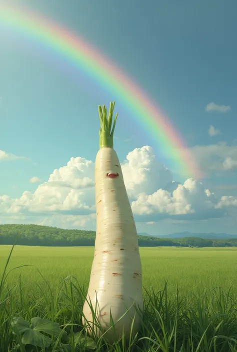 ( best quality, very detailed depiction, incredible high resolution ,Photographic images),Beautiful rainbow over the sky , Countryside,Scenery after the rain , white radish is looking up at the rainbow , daikon is wearing sexy clothes,
