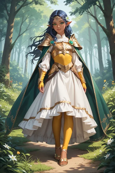 dark elf sorceress practicing magic in a forest at night, solo female, elegant woman, older woman, small breasts, brown skin, dark blue hair, long hair, green eyes, satisfied expression, silver cape with golden accents, golden leather breastplate armor, si...