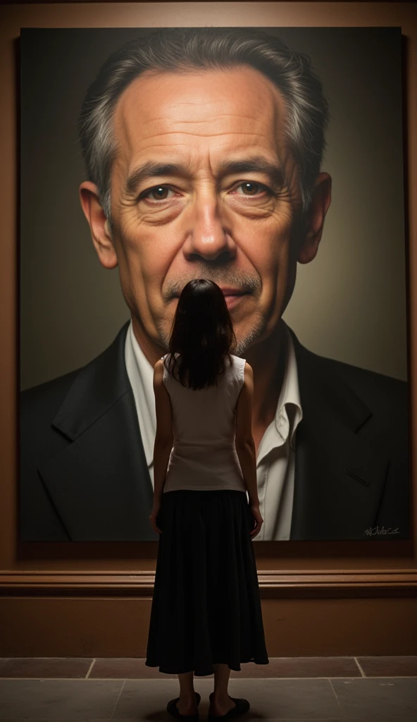 Asian teenage girl standing in front of a big portrait of a male book author, both looking direct to viewers .  