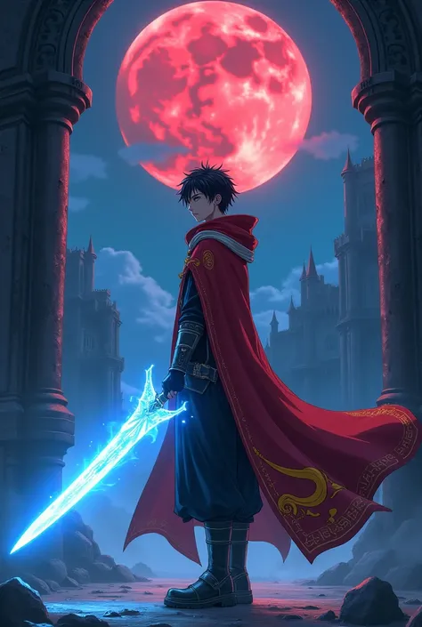 I want an anime character (manhwa), He has black hair,  have black eyes ,  he wears a red cloak with yellow and white and black details , Hes holding a sword 100 %  made of magic its all blue and shines its beautiful ,  hes in a castle and its nighttime an...