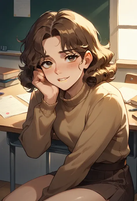 blush, sitting at her desk, thighs pressed tight together, daydreaming about the sexy interns, biting lower lip, curly, brown, neck-lenght haired, brown eyed, highly detailed eyes, glistening