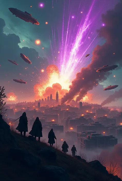 a military encampment being bombed to hell with airships and helicopters in a modern-day zombie apocalypse, at night, flashy colorful explosions, purple and green and white explosions in the encampment, very artistic composition. flat shading, drawing outl...