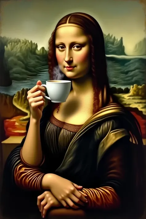 A piece of art of Monalisa drinking coffee