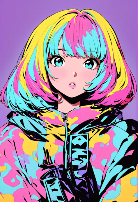 ( best quality:1.2,  city pop style,  Very detailed, Latest,  vibrant ,  high contrast , masterpiece:1.2,  best quality,  best aesthetics),  girl, (( frontal upshot :1.4)),  colorful hair,  bob cut from the front,  pastel colors,  1980s Style , ((Retro,  v...