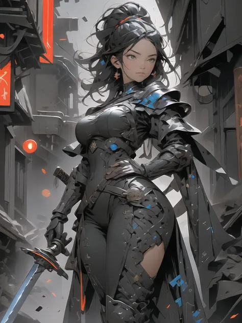 A steampunk, dark-haired, short-cut pretty girl warrior wearing armor made of black and blue machines, Carrying a sword that discharges red 、The background is a cityscape buried in rubble 