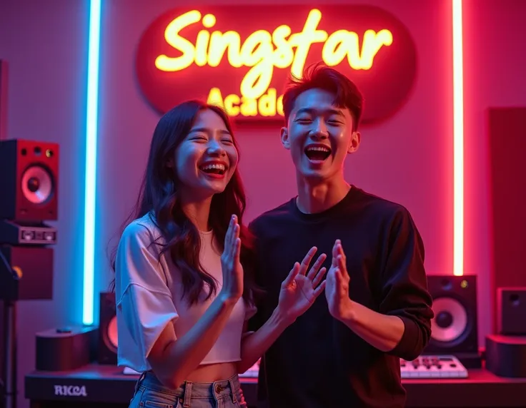  images of young Chinese man and woman singing in a music studio with microphones in neon lights, they are very happy and in background there is a signboard of that singing institute which name is singstar academy,