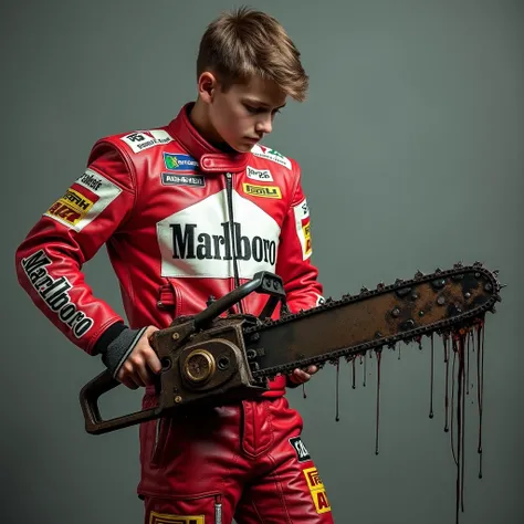 Young guy wearing a red and white Marlboro leather racing jacket with patches and Marlboro leather racing pants with patches, with a powerful oil-dirty chainsaw in hand, black oil flows from the chainsaw 