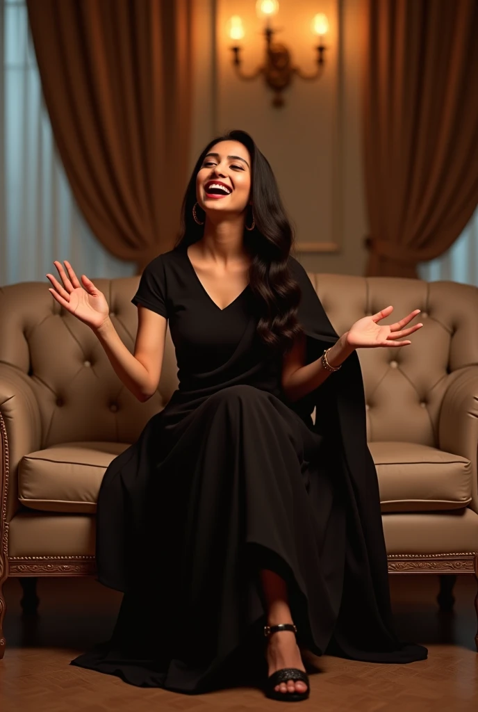 Very cute Indian girl singing,age24, smiley dimple cute shiny face,in a VVIP room, setting on a sofa,wearing a black saree black blouse and black sandal,