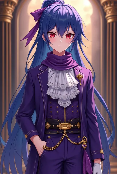 A young anime boy with sharp red eyes represents long indigo hair with two red strands and ties it to the top with a purple ribbon , He has fair skin and wears all the beautiful and luxurious purple fantasy clothes, such as the clothes of nobles, represent...