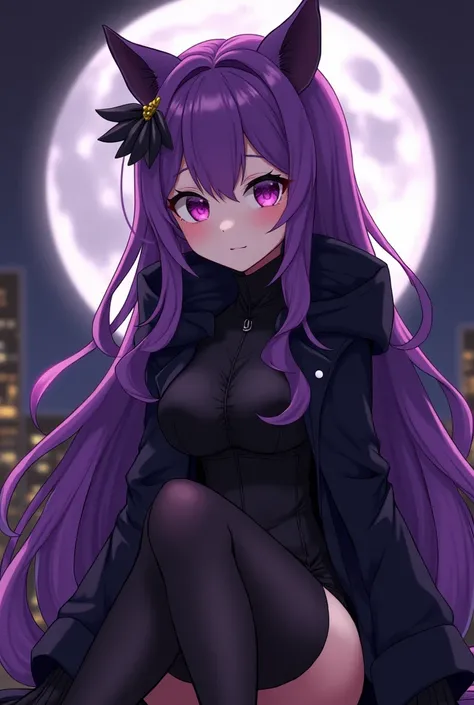 A loli with purple hair, eyebrows and eyes, beautiful and shiny like the moon sitting making eye contact dressed in a black coat and black panties in anime is a the grim reaper called vel