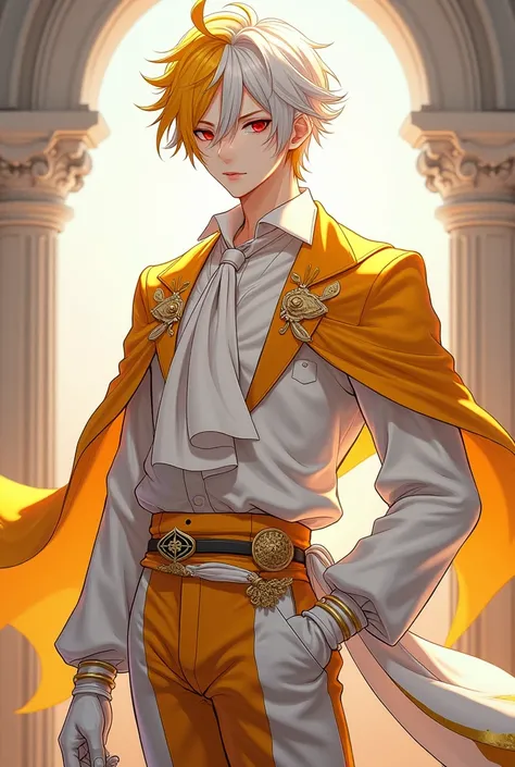 A quiet anime guy with sharp red eyes represents a mixture of yellow and white hair , He has fair skin and wears all the fantasy clothes that are a mixture of white and orange. They are beautiful and luxurious, such as the clothes of the nobles represented...