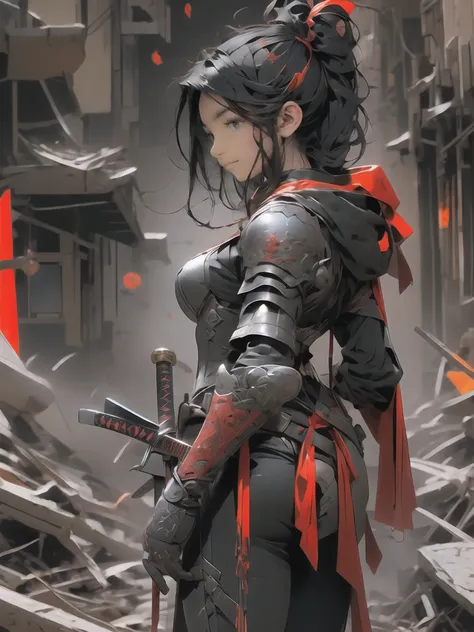  A beautiful steampunk warrior wearing black and red machine-made armor with black hair and shortcuts, Carrying a sword that discharges red 、The background is a cityscape buried in rubble 