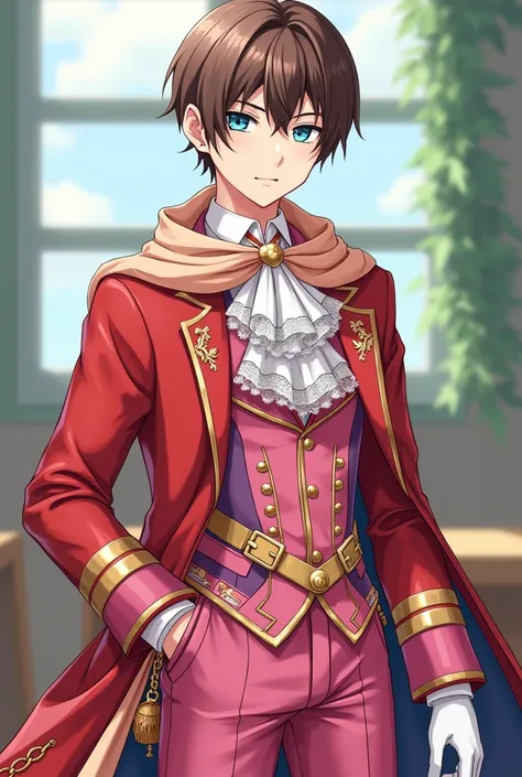 A funny and quiet anime young man in high school with sharp blue eyes represents short brown hair , With light skin and wearing all the fancy red-pink clothes, the idol is represented by a closed red and pink jacket with a long sleeve on the left hand and ...