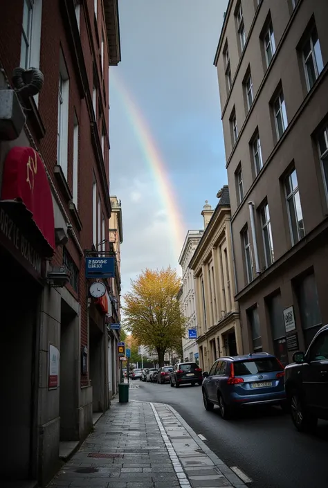 ( best quality, very detailed depiction, incredible high resolution ,Photographic images),Beautiful rainbow over the sky ,Metropolis,Scenery after the rain ,A rainbow seen through a gap in a building,Main Street,