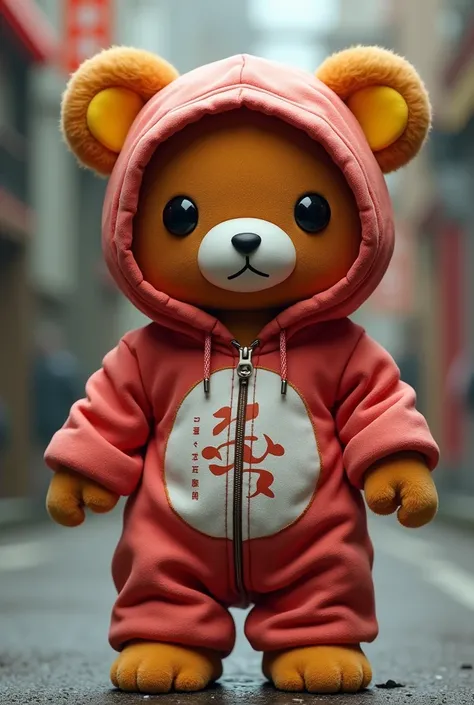 Kamen Rider style Rilakkuma　  super realistic and movie-like , ( full body), Cute little character hoodie with standing up to the toes　