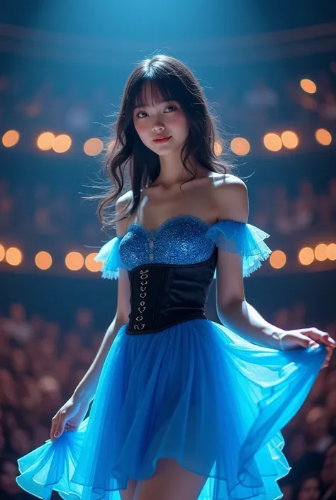 She stands in the center of the stage in this gorgeous sequined blue dress、A beautiful Japanese girl is photographed in the spotlight。She has long wavy black hair、The light from the stage highlights her beautiful luster。Bangs flow naturally、makes her eyes ...