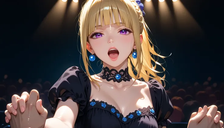 score_9, score_8_up, score_7_up, shiny skin, 1girl, KeiKaruizawa, Kei Karuizawa, bangs, blunt bangs, ponytail hair, long hair, violet eyes, blonde hair, blue scrunchie, sing, singing, open mouth, mic, Stage with Dim Light and Fog Effect, Dress flowy, dress...