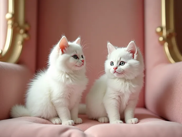 A VERY PALE PINK ROYAL ROYAL COQUETTE PICTURE KITTENS- BACKGROUND VERY COQUETTE ROYAL , INSIDE PALE PINK WHITE AND GOLDEN CASTLE, RENAISSANCE, AWARD WINNING PHOTOGRAPHY, VERY HD, FLAWLESS, FLAWLESS, PERFECT, LONG FURR DOLL FACE KITTEN, WHITE, COQUETTE, FLA...