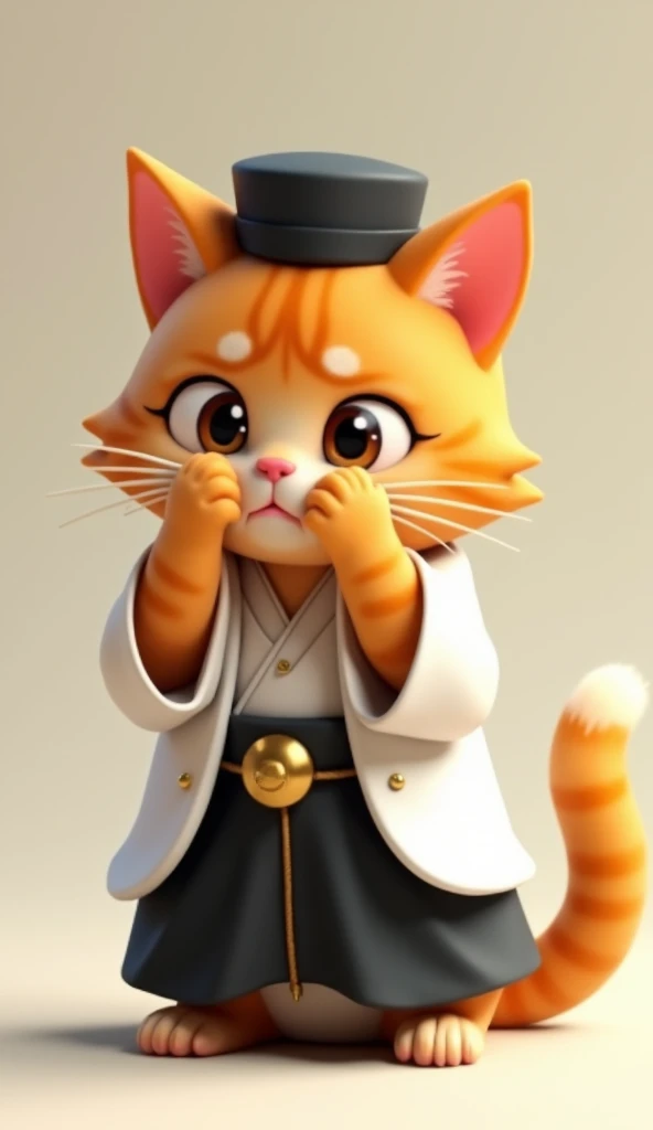 cute orange cat wearing white indonesian clothes prayer and black sarong, black cap, sitting and looking with fear covering his face, no background, 3d cartoon,