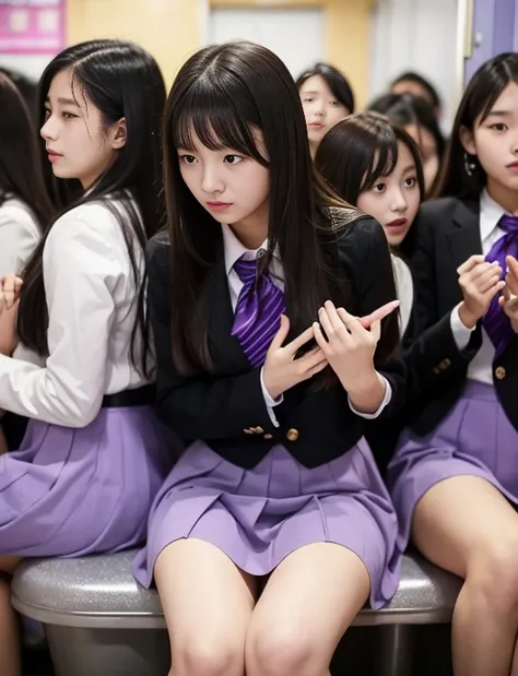 super large crowd、Super long straight hair- color- Purple、Beautiful - Girls - High school students、Big – Butt、very Long-skirt-dress-black、School - Uniform- Purple、School - small private room -Toilet - Toilet seat - Sit、melancholy、Crammed into one private r...