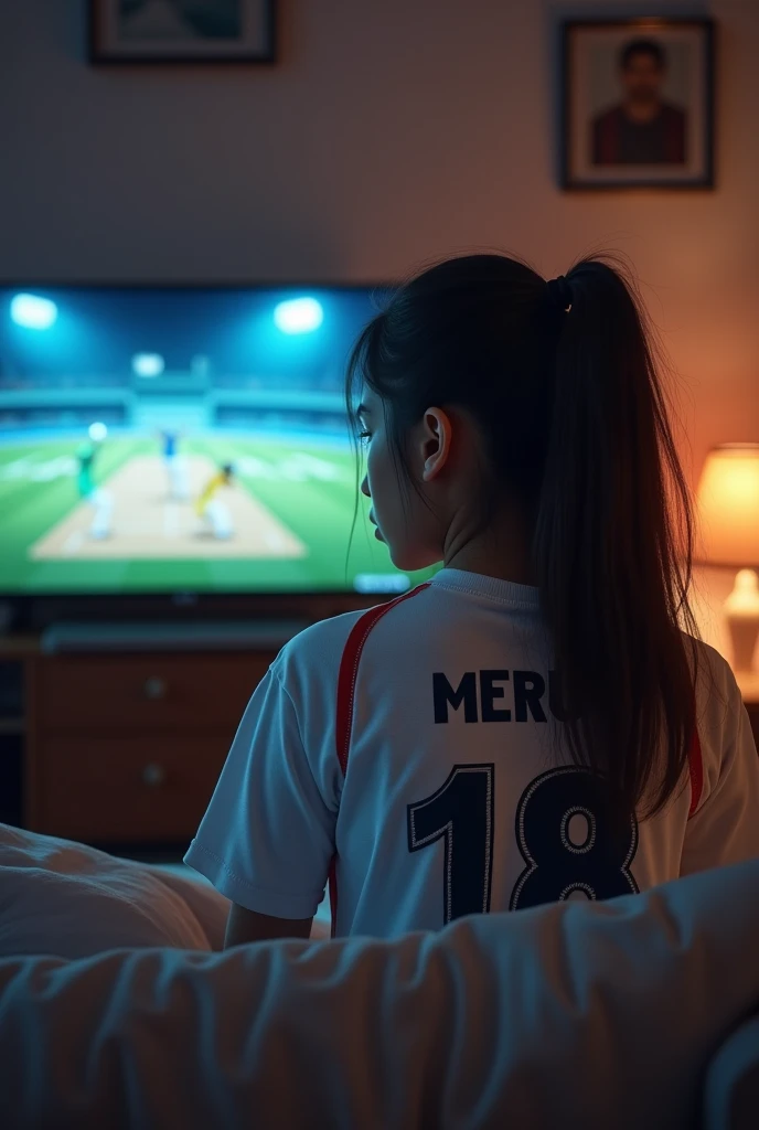 "A 22 year old  girl watching a cricket match on TV from behind, wearing a white jersey with the name merub  and number 18 written on it, cozy room background with  lighting."