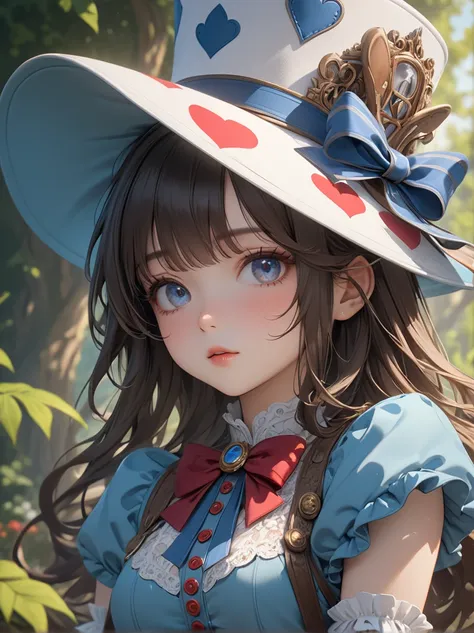 A shot where the hat properly shows everything、1 girl, masterpiece, highest quality, 8k, fine skin texture, fine cloth texture, beautiful detailed face, intricate details, Super detailed, alice in wonderland,  Upper body