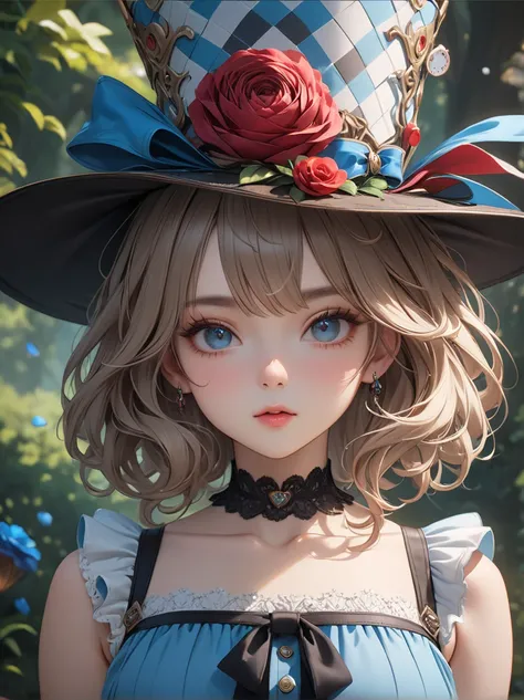 A shot where the hat properly shows everything、1 girl, masterpiece, highest quality, 8k, fine skin texture, fine cloth texture, beautiful detailed face, intricate details, Super detailed, alice in wonderland,  Upper body