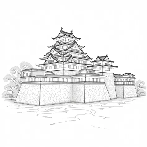 Adult coloring books、White、Japanese Castle、Osaka Castle、Line art