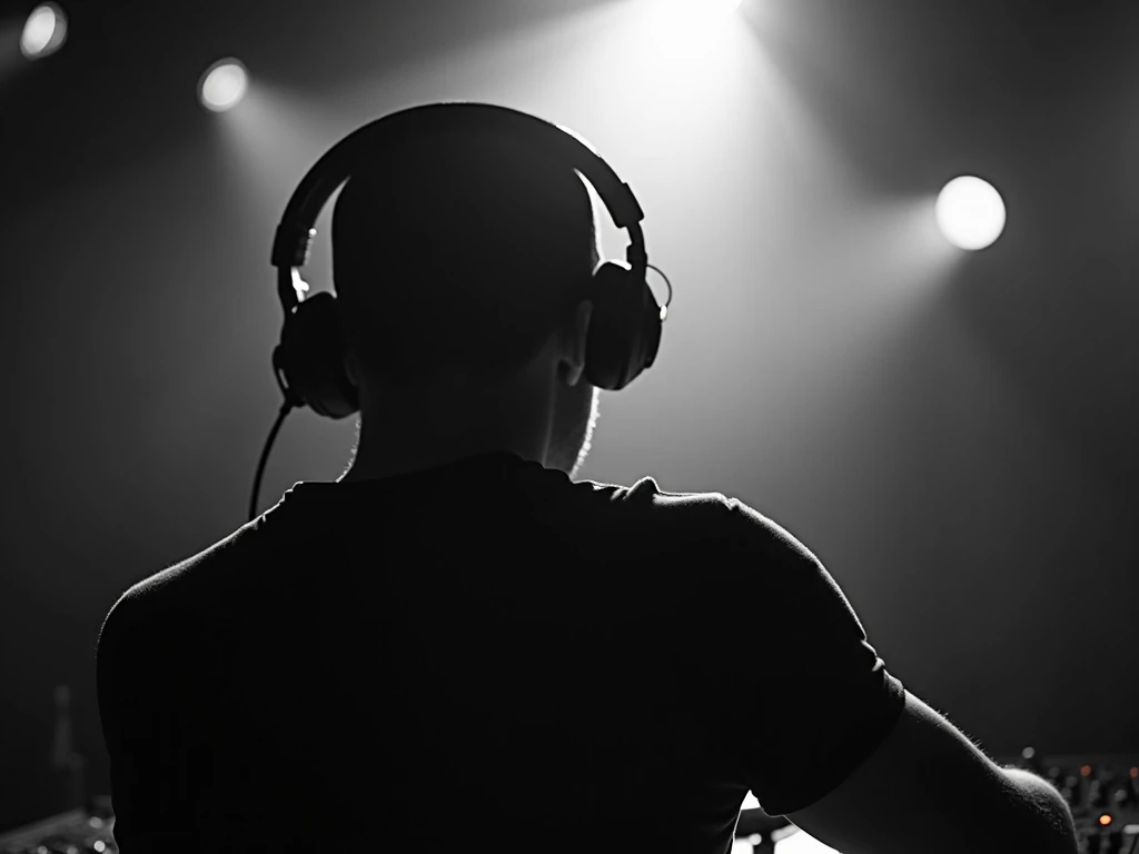  DJ concert in black and white, Put on a cap turned backwards ,  from another angle where you cant see the DJs face