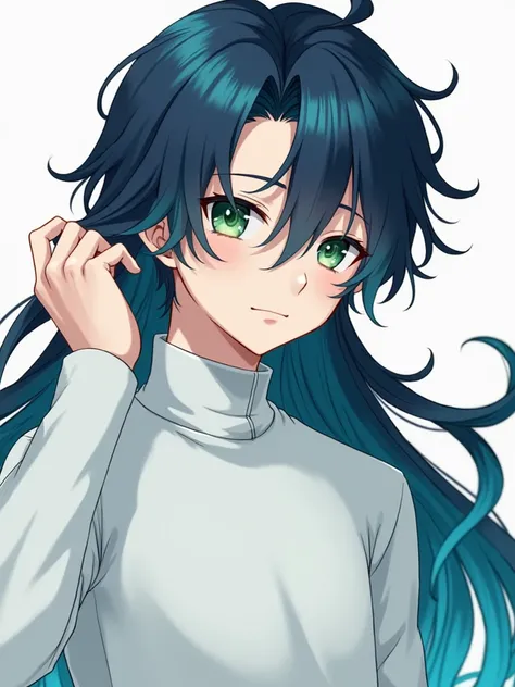 A handsome anime guy with long navy blue hair mixed with turquoise hair . He is tying his hair back . He has green eyes . He is wearing a white jumper 