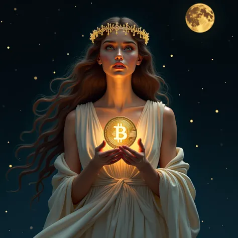 A beautiful Aquarius ，pretty，Ancient Greek style，The background is a black starry sky，There are Big Dippers， girl holds bitcoin in her hands