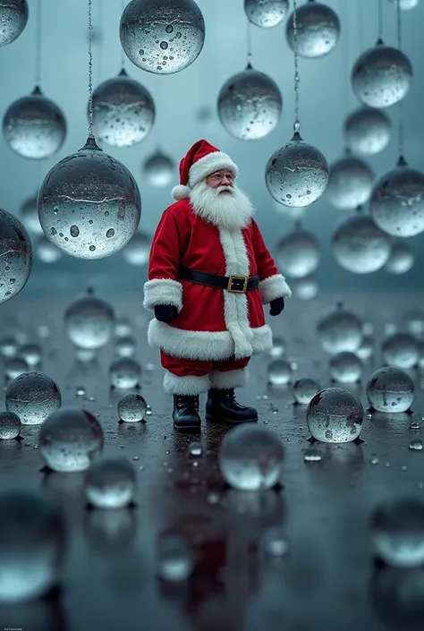 A photograph looking up at the sky. Many raindrops are falling. Focus on the raindrops. Each raindrop has a beautiful reflection of a Santa Claus. super close up of raindrops