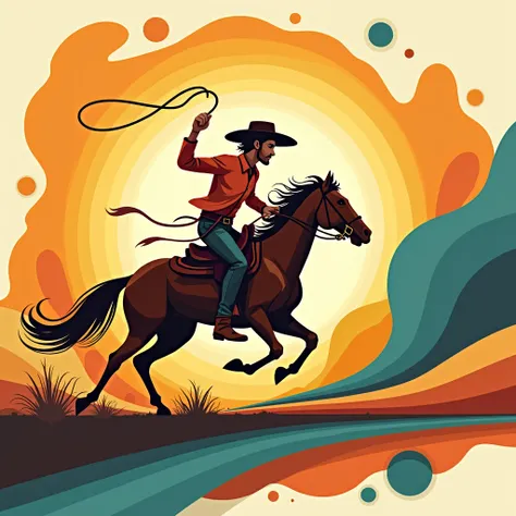 "A dynamic, abstract illustration of a cowboy riding a galloping horse, depicted in a vibrant and colorful geometric style. The cowboy wears a traditional hat and waves a lasso in the air, with bold shapes and swirls forming the background. The scene is re...