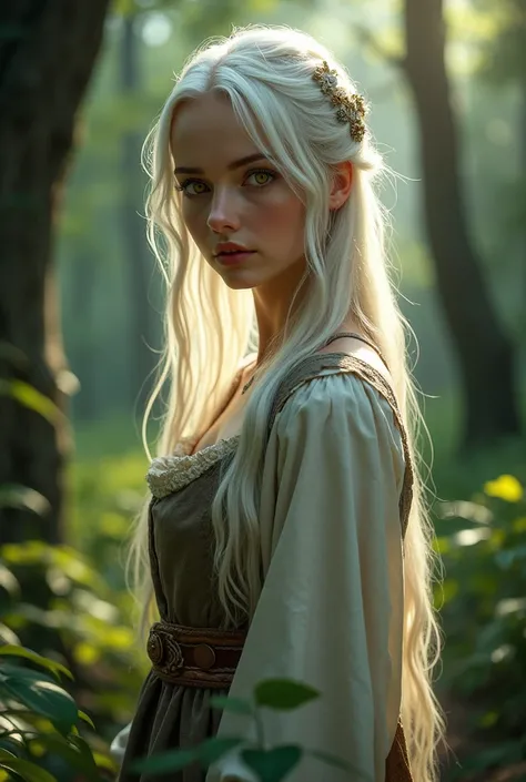 Beautiful girl of about 19 years old with white hair and yellow eyes dressed in poor medieval clothing,   in the woods