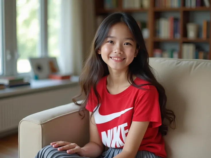 A full-length, high-quality, realistic portrait of a beautiful, fair-skinned Thai teenage girl sitting on a beige sofa. Shes wearing a red t-shirt with a large white NIKE logo on the chest and a grey pleated skirt. She has long, dark hair and is smiling at...