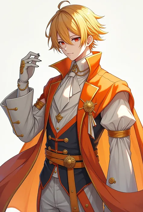 A quiet anime guy with sharp red eyes represents a mix of yellow and white hair , He has fair skin and wears all the fancy orange clothes that are beautiful and luxurious, such as the clothes of the nobles represented by Gilya, whose color is a mixture of ...