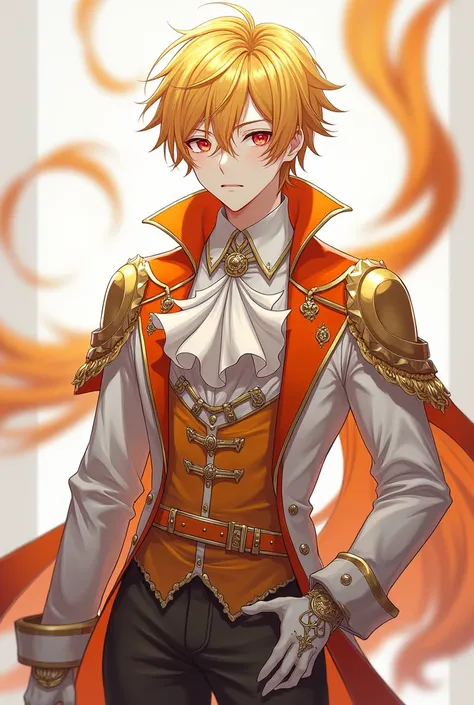 A quiet anime guy with sharp red eyes represents a mix of yellow and white hair , He has fair skin and wears all the fancy orange clothes that are beautiful and luxurious, such as the clothes of the nobles represented by Gilya, whose color is a mixture of ...