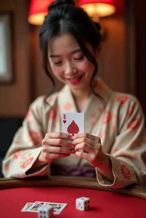 Japanese girl wearing kimono hands holding a poker card to throw dice