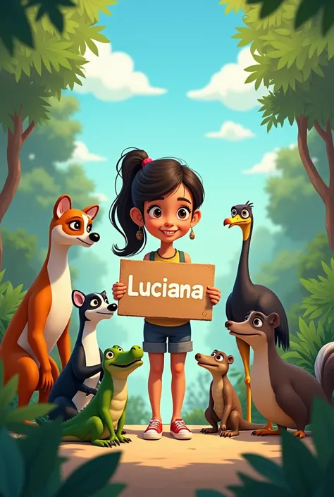  Please create an animated image where there is a girl holding in her hands a cardboard containing her name which is Luciana,  and next to her is the Lemur ,  the Magpie ,  the Crocodile , The iguana,  the Ostrich , the Otter ,  and the Eagle .
